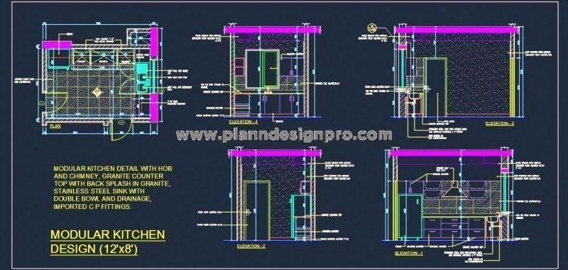 12'x8' Kitchen CAD Drawing- Granite, Sink, and Elevations