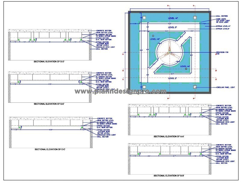 14'x14' False Ceiling CAD Block with Gypsum Design and Sections