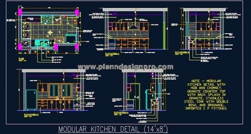 14'x8' Kitchen Layout CAD- Hob, Chimney, Sink, and Storage Details