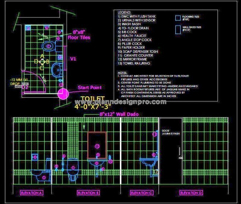 Powder Room Free CAD Drawing 4'x7' Layout