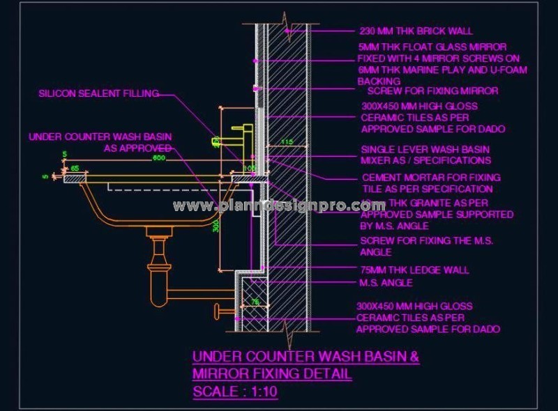Under Counter Wash Basin Fixing CAD Detail