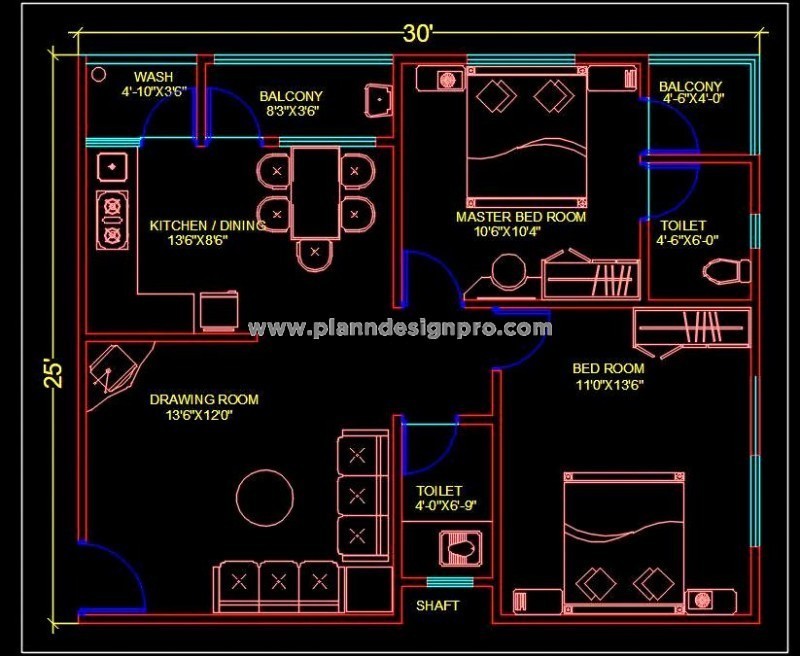 2 BHK Apartment Autocad House Plan (30'x25') DWG Drawing Download