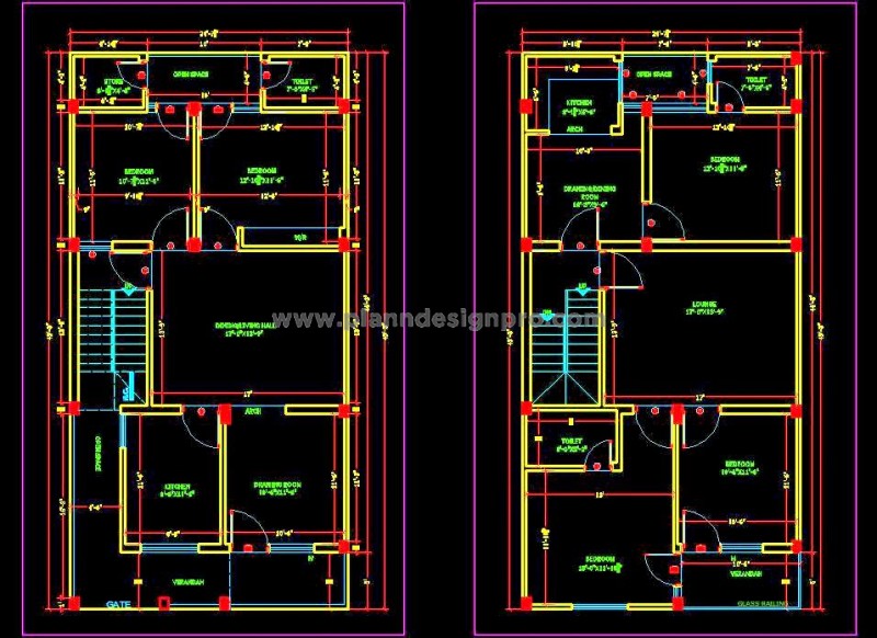 25'x50' House Space Plan- 2 BHK Ground Floor & Flats - CAD