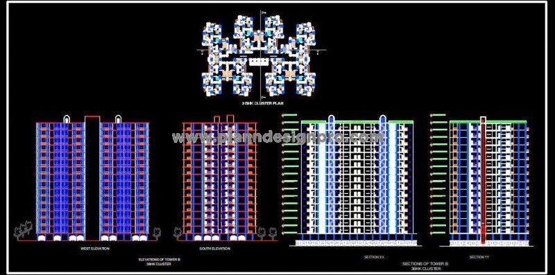3 BHK Group Housing Tower Design with Elevations- DWG File