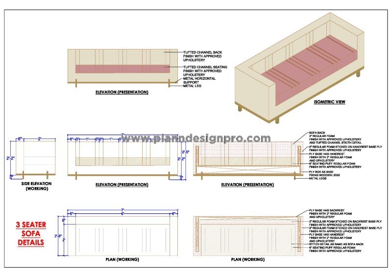 3-Seater Sofa CAD Drawing- 7' Length with Details
