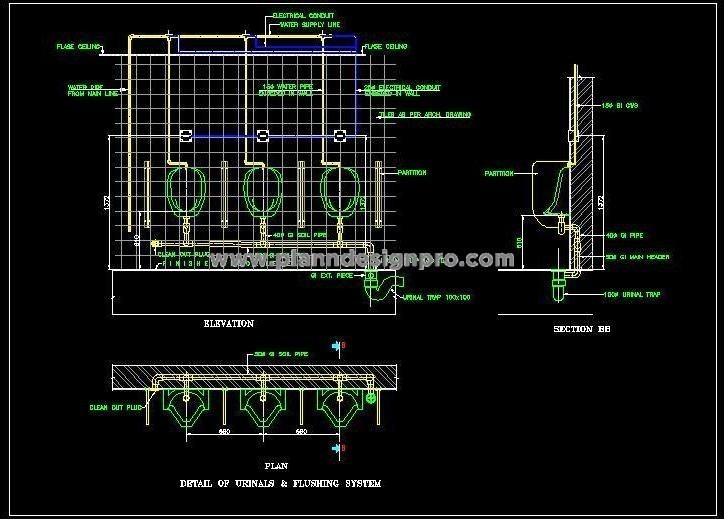 3-Station Urinal System CAD- Flushing & Water Supply Details