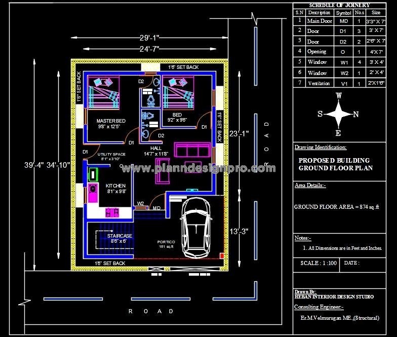 30'x40' Residential House CAD Drawing Free Download