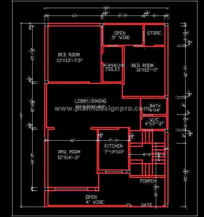 30'x45' Independent House Free CAD Layout for 2 BHK Design