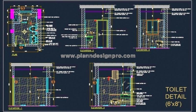 6'x8' Toilet Layout DWG- Detailed Sections and Elevations