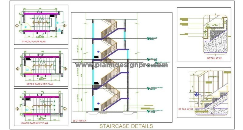 Architectural Staircase DWG- Floor Plans, Sections & Handrail Details
