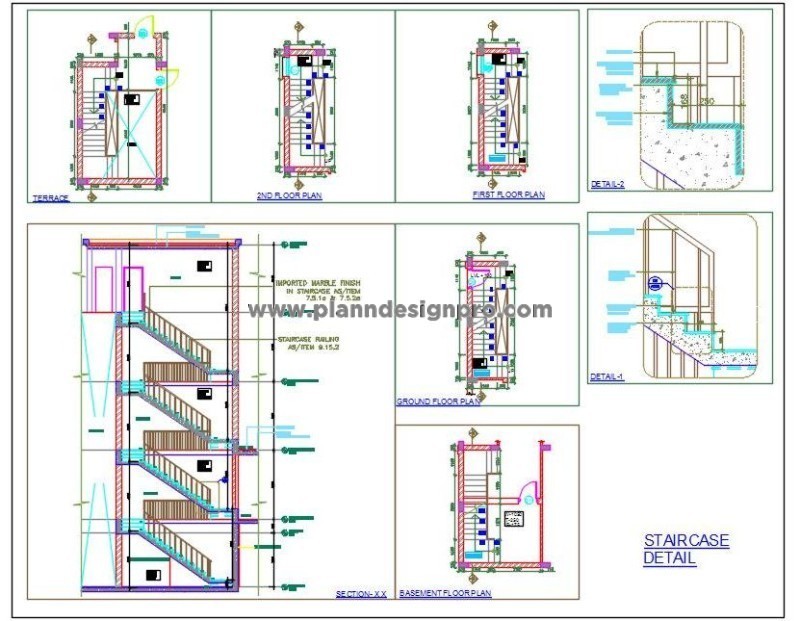 Architecture Staircase DWG Sections & Handrail Fixing Detail