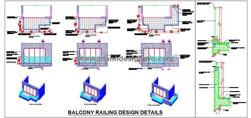 Balcony Railing Design DWG- MS Pipe & RCC Wall Options