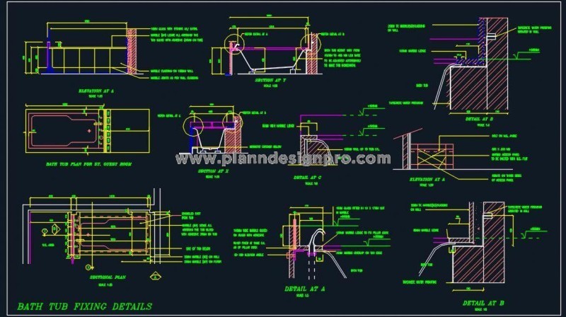 Bathtub Installation CAD Detail- Tap, Slope, and Waterproofing