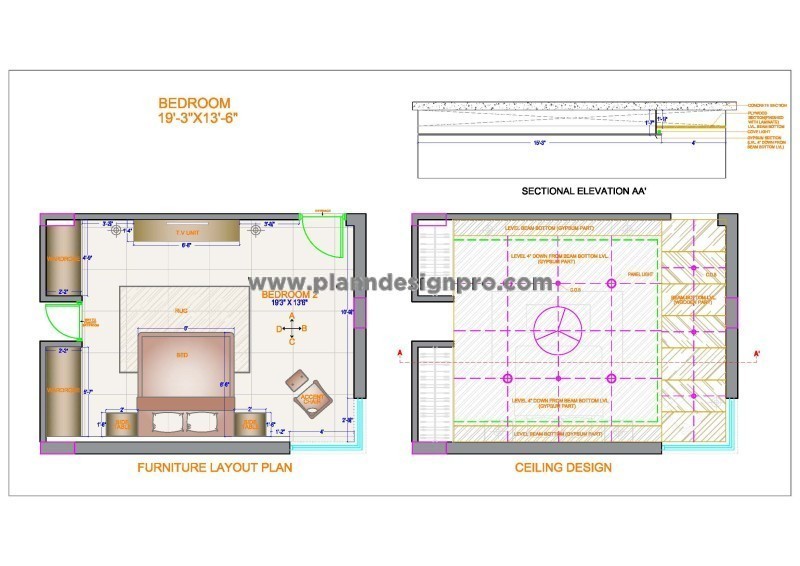 Bedroom Furniture Layout and False Ceiling CAD Detail