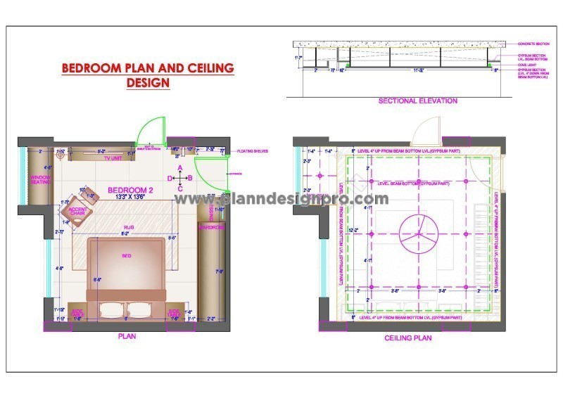 Bedroom Layout with Furniture and Ceiling Plan (14'x14')