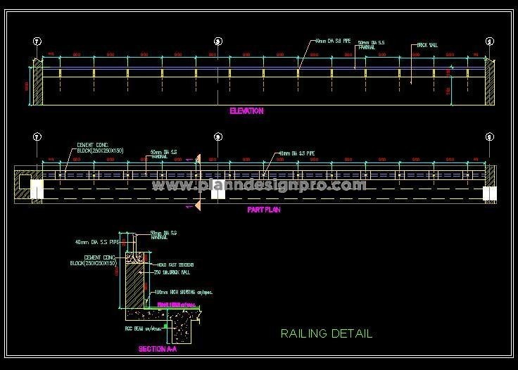 Boundary Wall CAD Drawing- Brick and MS Pipe with Handrail