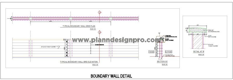 Boundary Wall CAD Drawing- Brickwork with Precast Coping