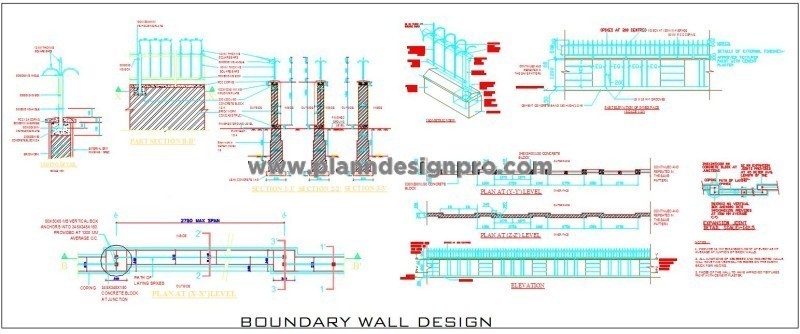 Boundary Wall Design DWG with R.C.C. & Brickwork