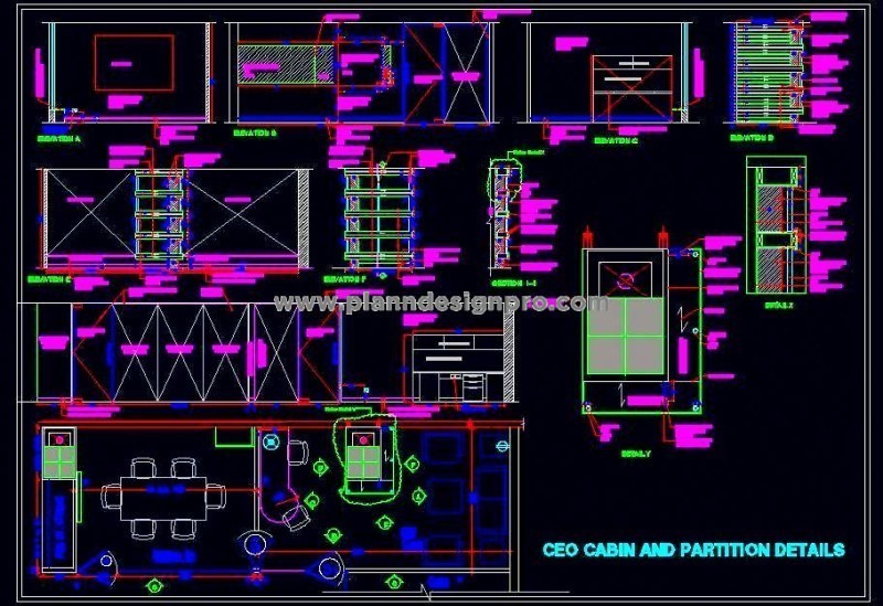 CEO Office Layout CAD Desk, Column Feature, & Meeting Room