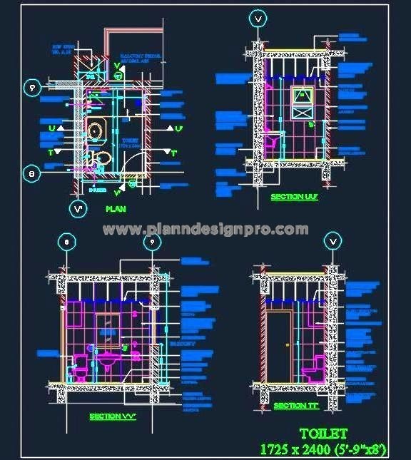 Complete Toilet Design AutoCAD (5'-9 x 8') WC, Basin, Shower