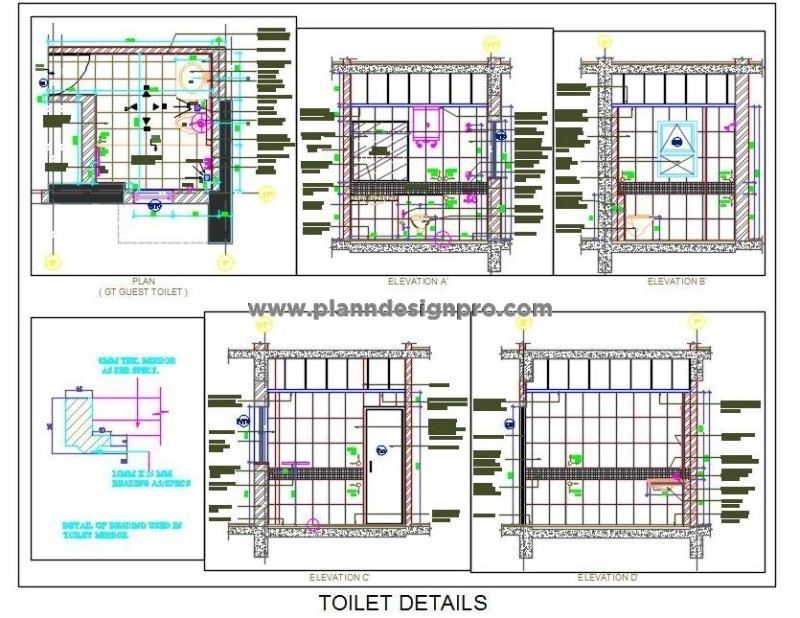 Detailed Toilet Drawing DWG- 7'x8' Layout with WC and Shower