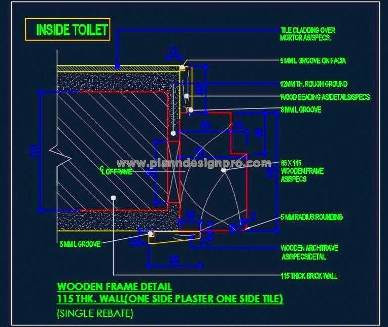 Door Frame Sectional Detail CAD- 115mm Wall, Plaster & Tile