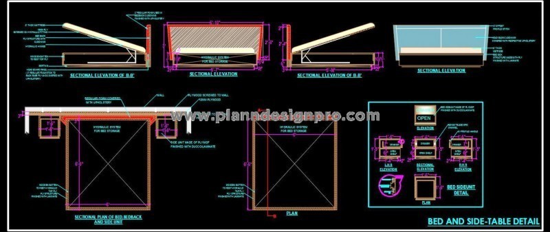 Double Bed CAD Detail with Hydraulic System and Side Table