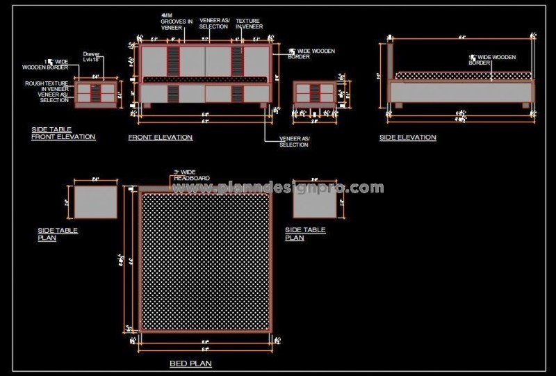 Double Bed Furniture Detail in Autocad -  Plan & Elevations