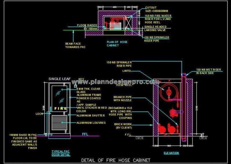 Fire Hose Cabinet Layout and Section Details - Autocad Drawing