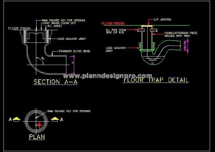 Floor Trap CAD- Plan, Elevation, & Plumbing Details DWG