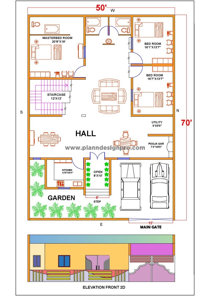 Free Download AutoCAD House Plan for 50'x70' Plot