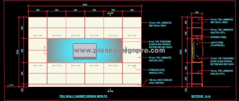 Full Wall Cabinet with TV Space - AutoCAD Design
