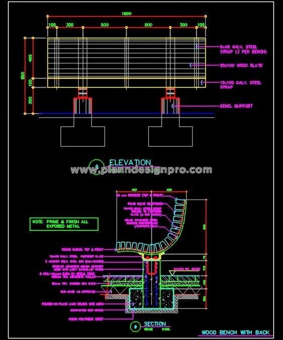 Garden Wooden Bench CAD Drawing- Steel Frame Detail
