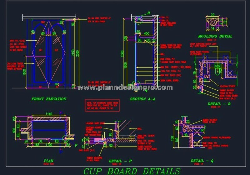 Glass Shutter Cupboard DWG- Detailed Plan and Elevation