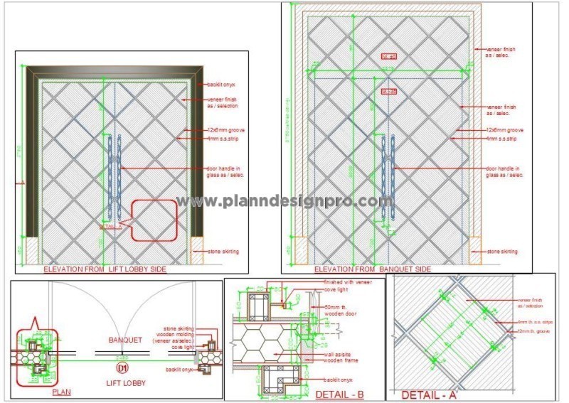 High-End Entrance Door CAD Design- Wood, Stainless Steel, Stone