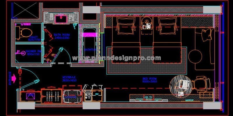 Hotel Room CAD Drawing- Twin Guest Room & Bathroom Design