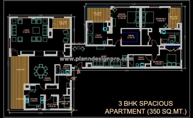L-Shaped 3 BHK Apartment Layout - AutoCAD Drawing
