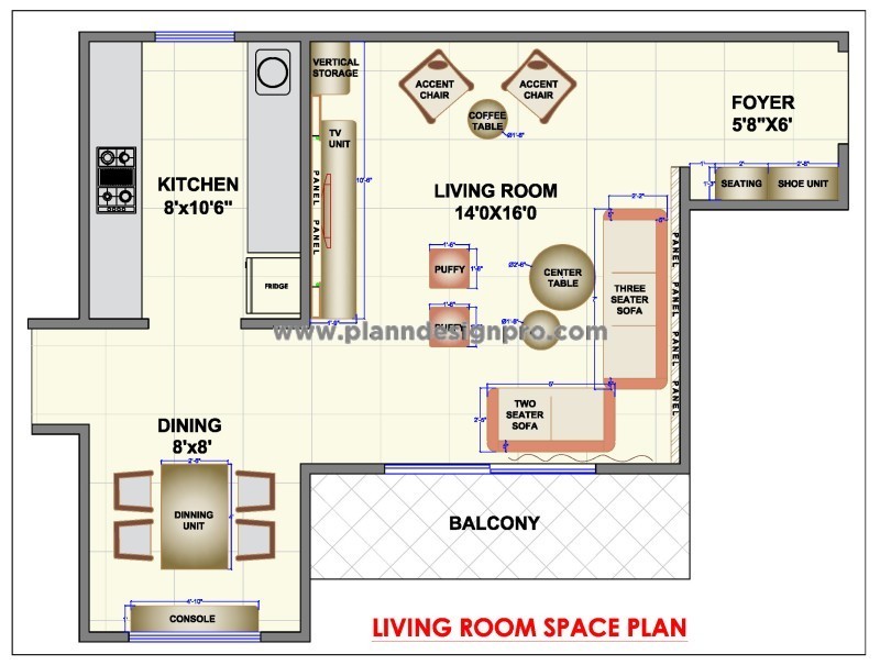 Living Room CAD Plan- 14'x16' with Dining and Kitchen