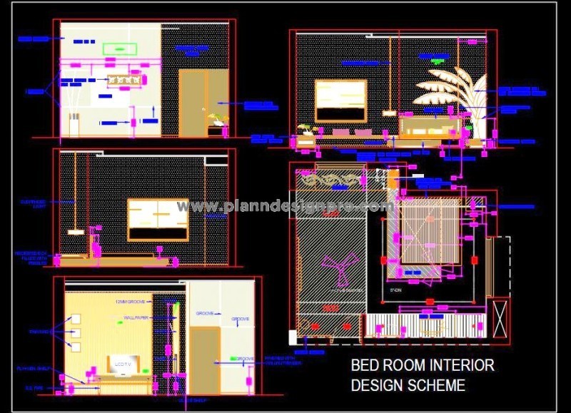 Luxurious Bedroom Interior CAD Drawing with Wall Elevations