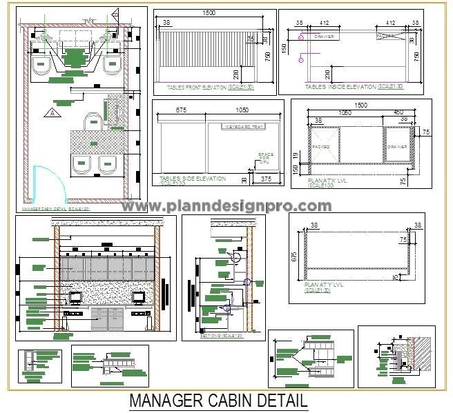 Manager Cabin CAD- L-Shape Desk & Workstations Layout