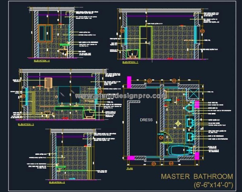 Master Bath Design DWG 6'-6x14' with Elevations and Details