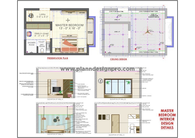 Master Bedroom Interiors Cad DWG Plan and Elevation Details