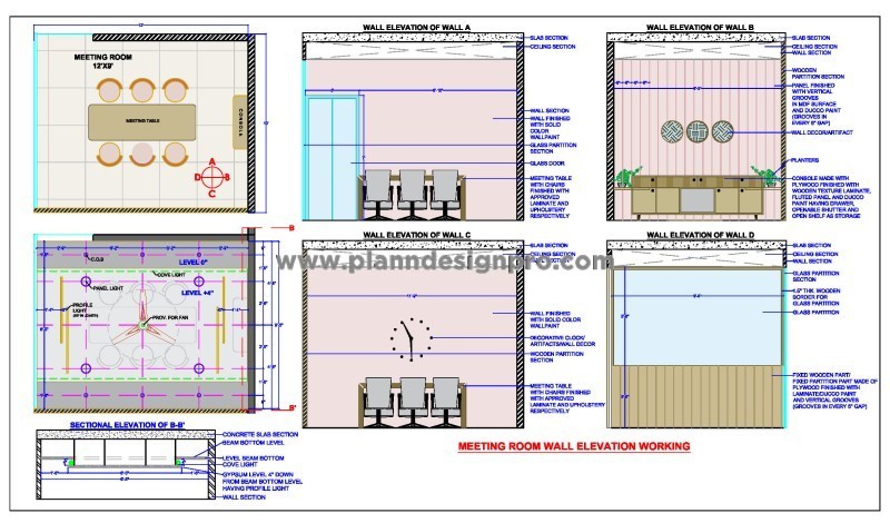 Meeting Room Interior CAD Design with Detailed Sections