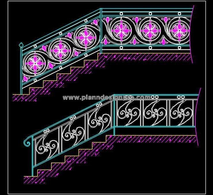 Metal Staircase Railing CAD Block with Decorative Patterns