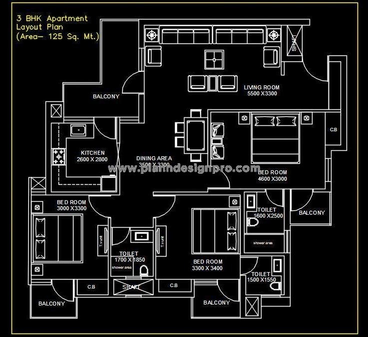 Modern 3 BHK Apartment Plan in AutoCAD DWG Format