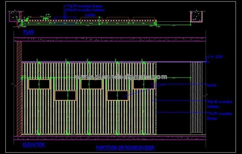 Modern Room Divider with Wooden Battens - AutoCAD DWG Detail