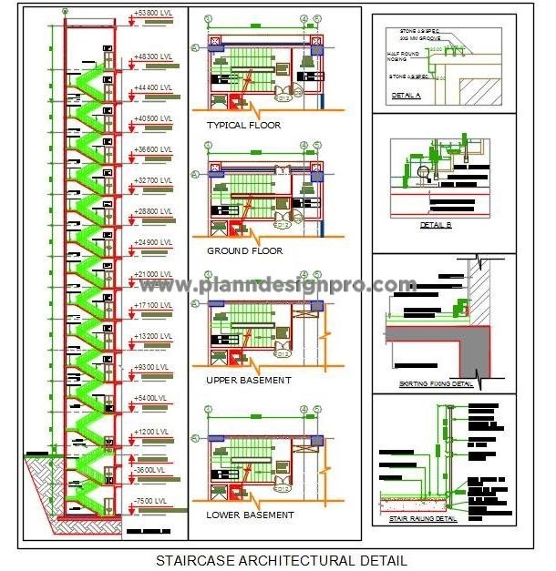 Multi-Storey Staircase Autocad Drawing with Railing & Nosing