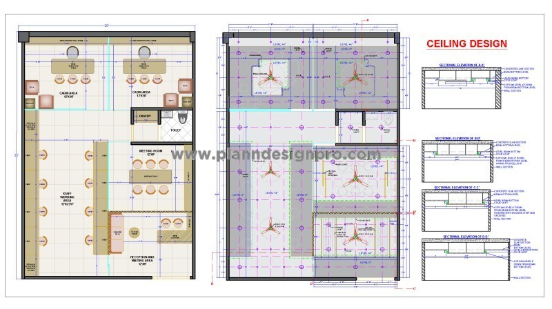 Office Space Planning- Furniture and Ceiling Layout CAD Drawing