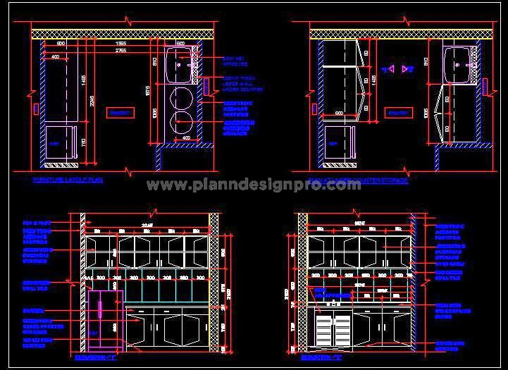 Parallel Kitchen Plan DWG- Pantry Layout and Elevation