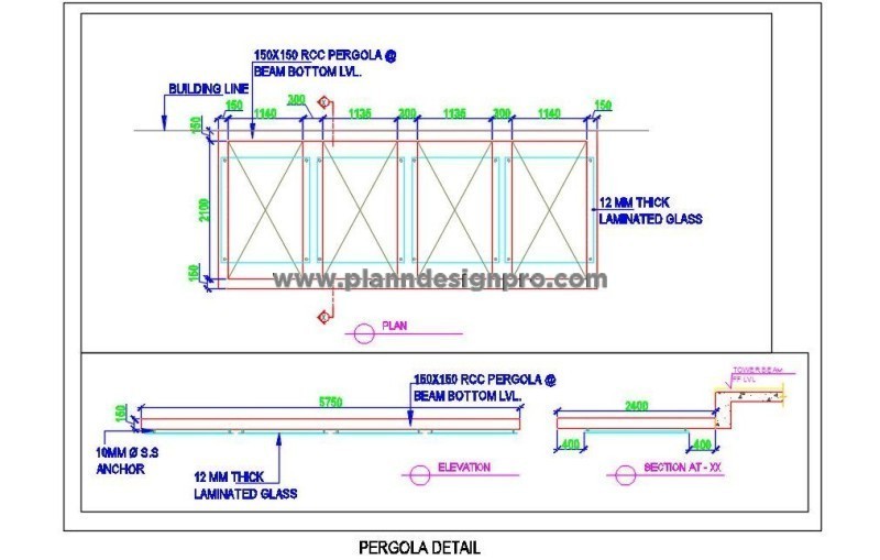 Pergola CAD Drawing- RCC Structure with Laminated Glass